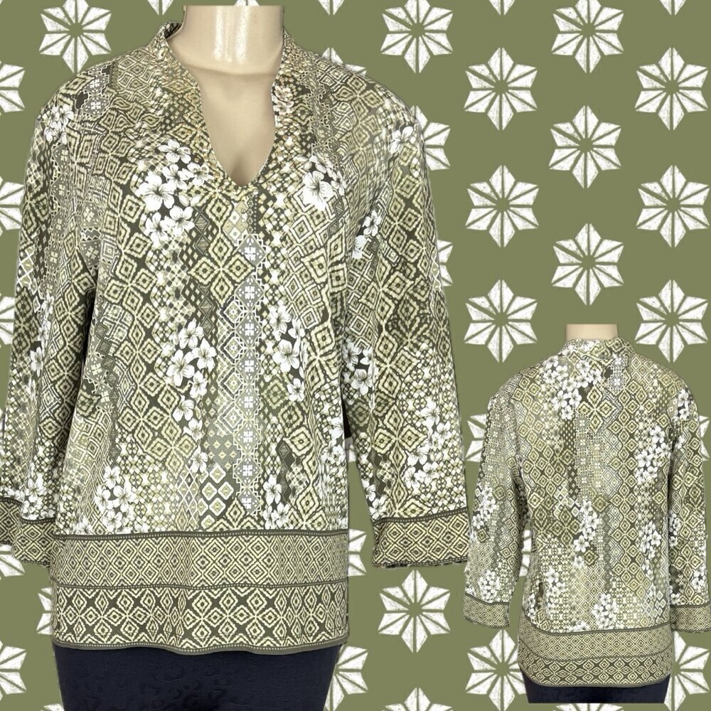 Ruby Rd L Green Mixed Floral Pattern Studded Split Neck Cotton 3/4 Sleeve Top
